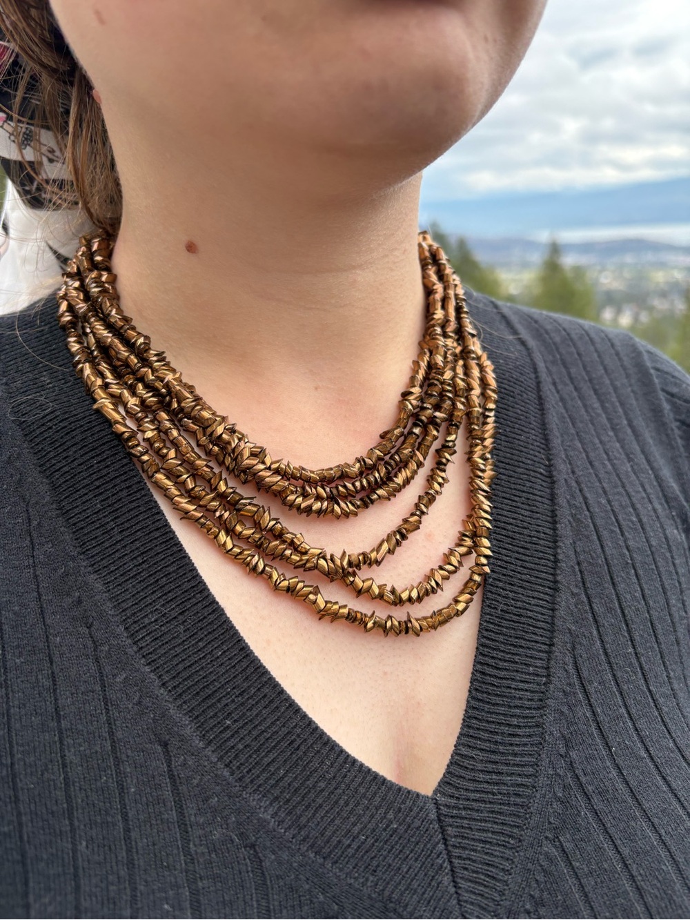Ladies Vintage Multi Strand Gold Tone Dress Metallic Beaded Necklace